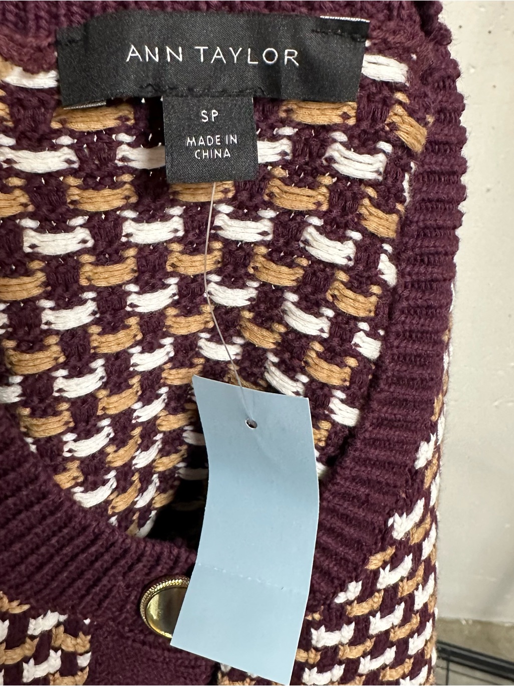 Ann Taylor Burgundy, Cream & Tan Textured Knit Cardigan — image 2 of 2